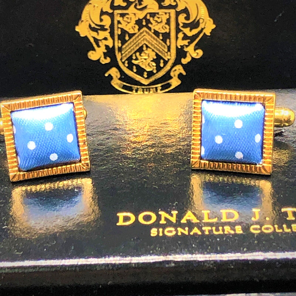 Trump Other - DONALD J TRUMP Signature Collection Cufflinks Gold Tone Blue Silk White Dots NIB